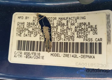 2013 Toyota Corolla Le from USA, damaged, VIN 5YFBU4EE1DP147979